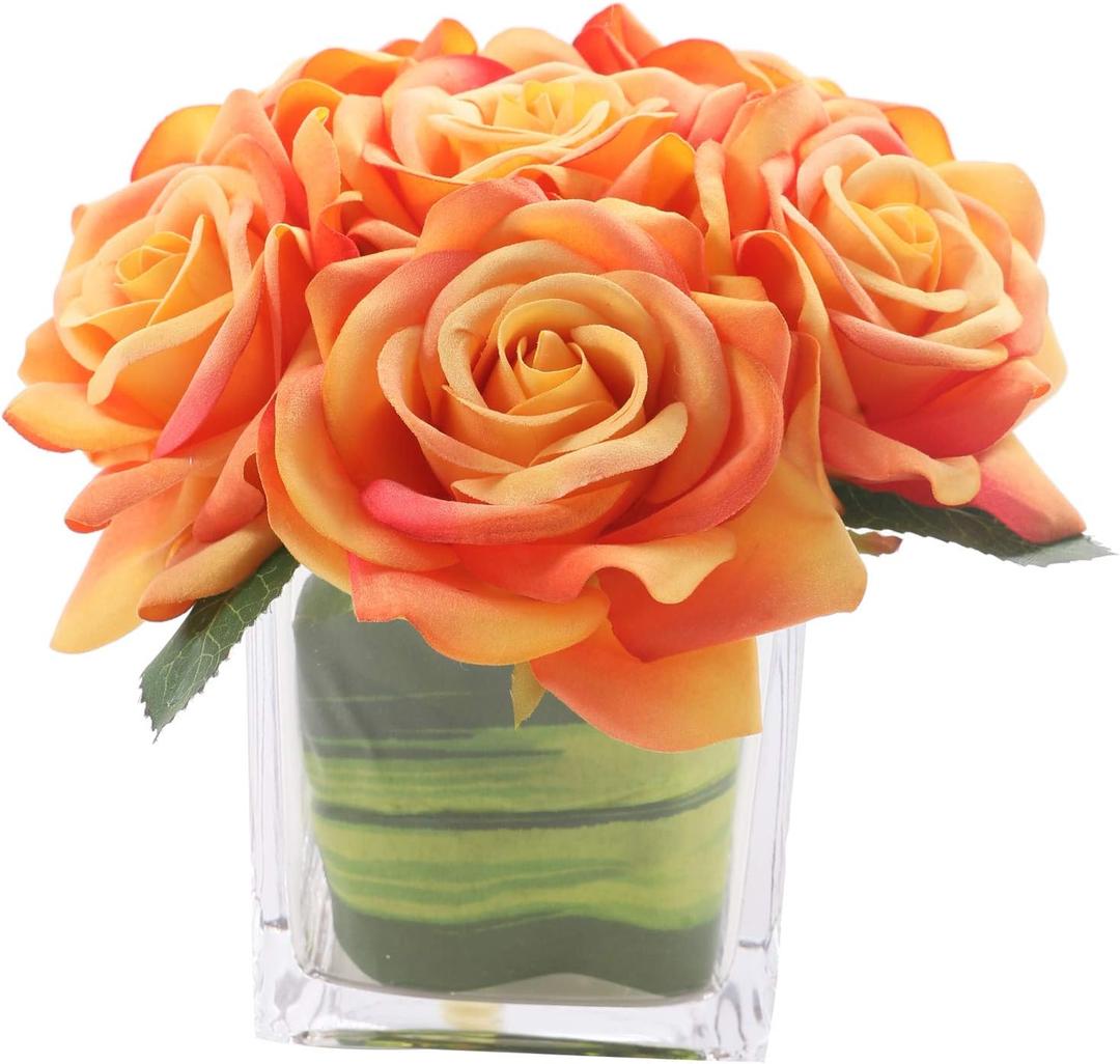 Fule Artificial Velvet Rose Flower Centerpiece Arrangement in vase for Home Wedding Decoration (Orange)