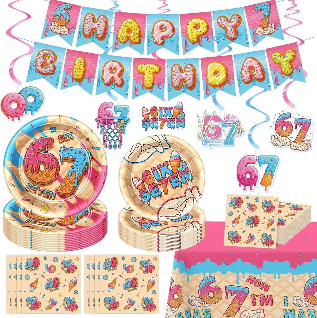 6 7 Themed Birthday Party Decorations, 6 7 Meme Decorations 25 Guests, Includes Paper Plates, Napkins, Banner, Hanging Swirls, Tablecloth for Six Seven Kids Boy Girl