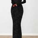 PRETTYGARDEN Womens Fashion Off Shoulder Floral Maxi Bodycon Dress Spring Long Sleeve Mesh Long Formal Wedding Guest Dresses (Black, M)