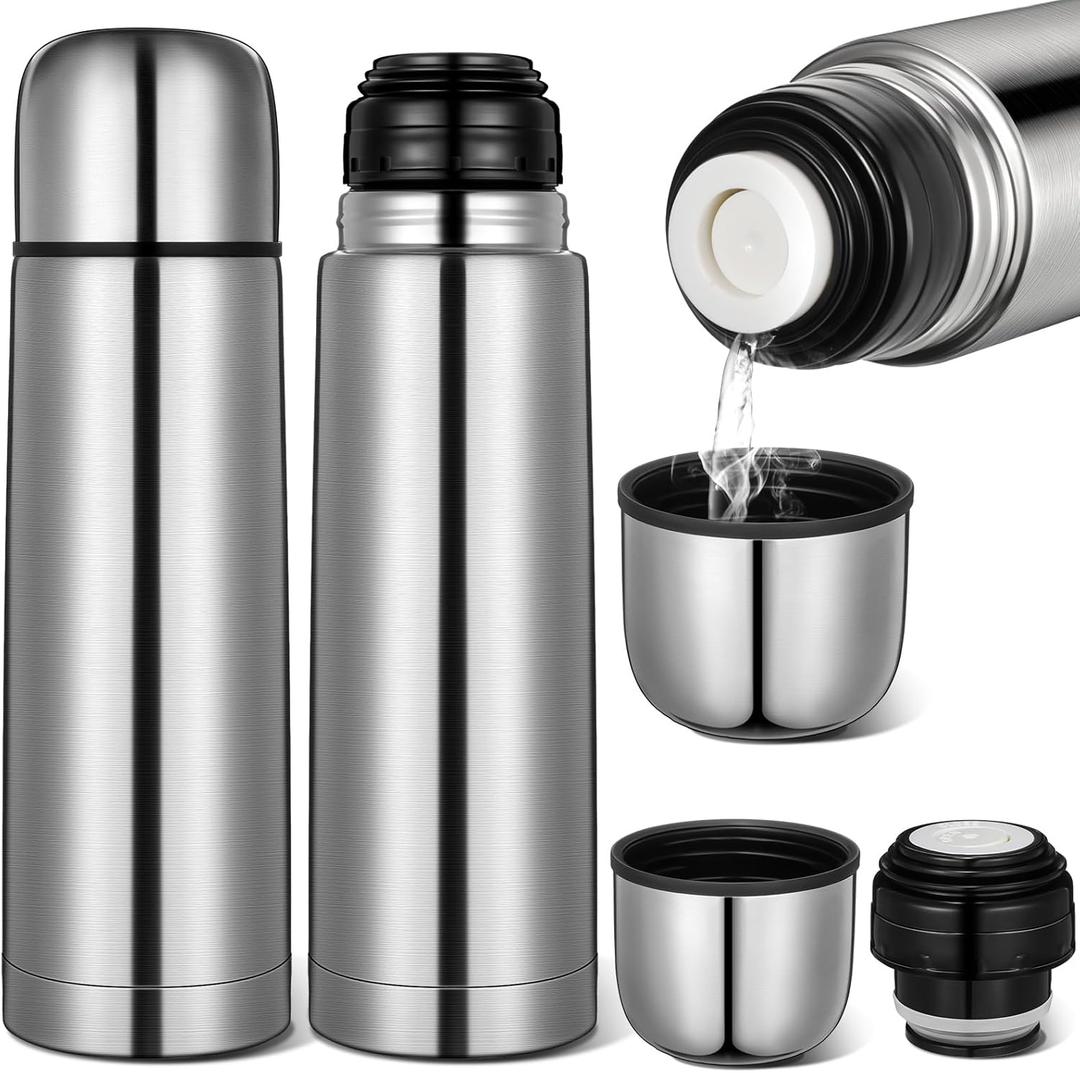 Domensi 2 Pcs Stainless Steel Thermal Bottle 17 oz/ 500 ml Hot Water Flask Coffee Travel Mugs with Cup Cafe Sealed Vacuum Insulated Bottles for Hot Drinks