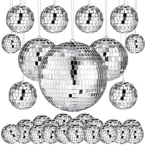 54 Pcs Disco Ball Hanging Decor - Mini Silver Mirror Ball Cake Topper for 74s Themed Party, Wedding, Christmas Supplies