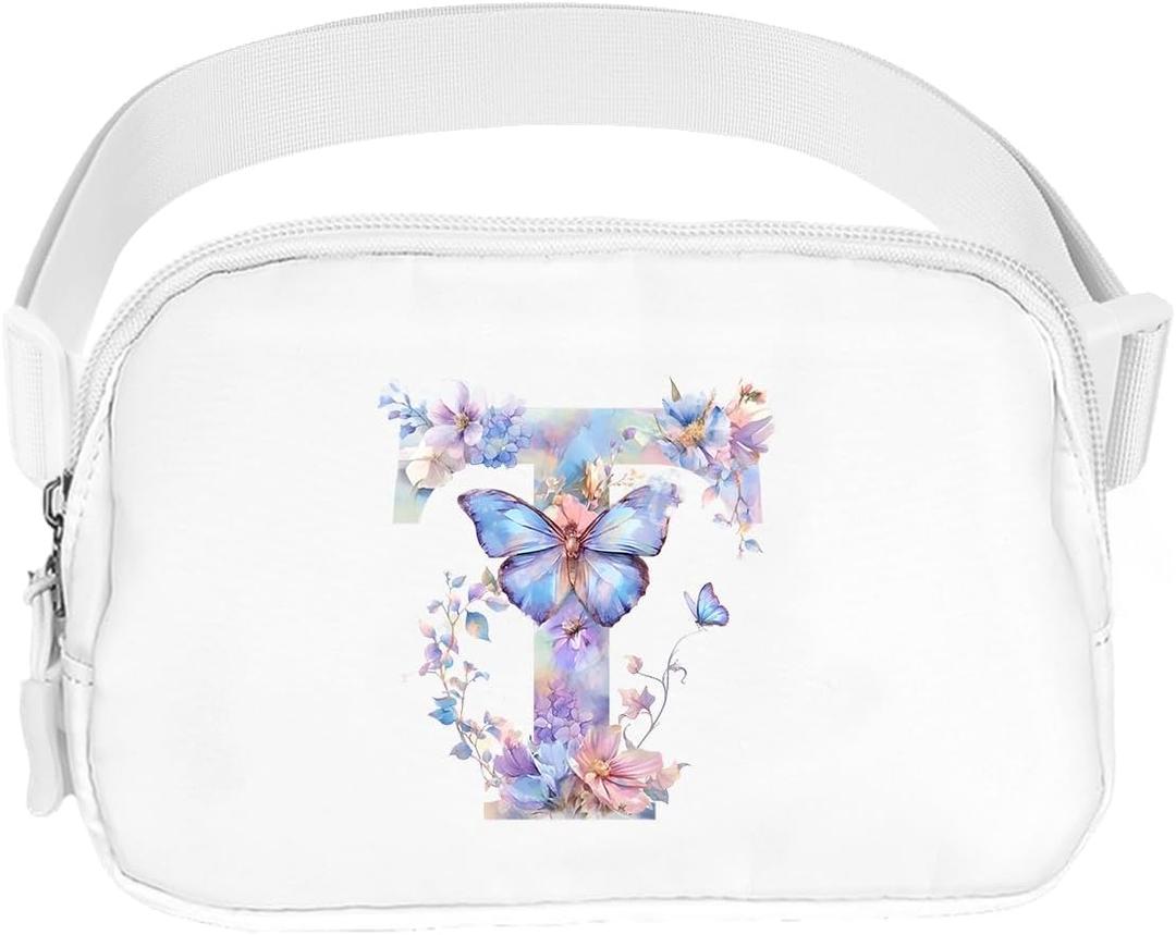 Belt Bag Initail Letter Travel Fanny Pack Cute Butterfly Crossbody Bags for Girls Fashion Waist Packs Letter A-T Outside Lightweight Waterproof Running Workout Hiking Travel Belt Bags