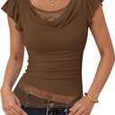 ZESICA Women's Summer Going Out Tops Ruffle Short Sleeve Cowl Neck Shirts | Casual Lace Trim Ruched Slim Fit Tee Shirt, Boho Daily Date Night Vacation Y2K Blouses, Fashion Trendy Outfits Clothes (Brown, S)
