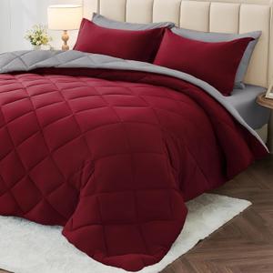 MUXHOMO 7 Pieces King Comforter Set, Reversible Bed in a Bag King Size, All Season Bedding Set with Comforter, Flat Sheet, Fitted Sheet, Pillowcases & Shams, Burgundy & Grey (King (104"x90"))