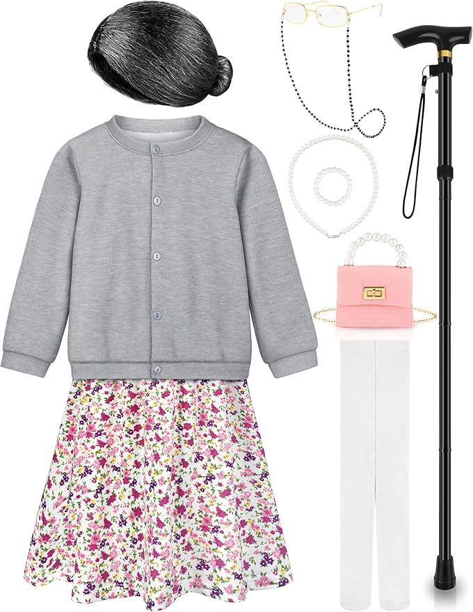 Gnodio Old Lady Costume for Kids 100 Days of School Costume for Girls 100th Day of School Granny Old Lady Dress Up Accessory, 5-7Y