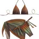 SEGT Women's 3 Piece Swimsuit Triangle Halter Side Tie Thong Bikini Set with Cover Up Skirt (Medium, Brown Green Multi)