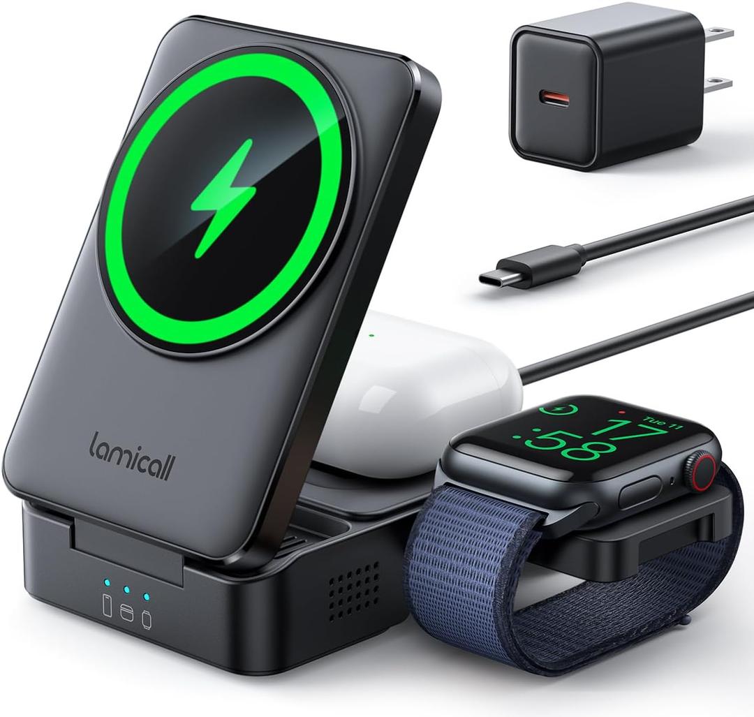 Lamicall 3 in 1 Charging Station for Apple - Foldable Wireless Charger Stand for MagSafe Portable, Travel Wireless Charger Station for Multiple Devices for iPhone 16, 15, 14, 13, Apple Watch, AirPods (Black)
