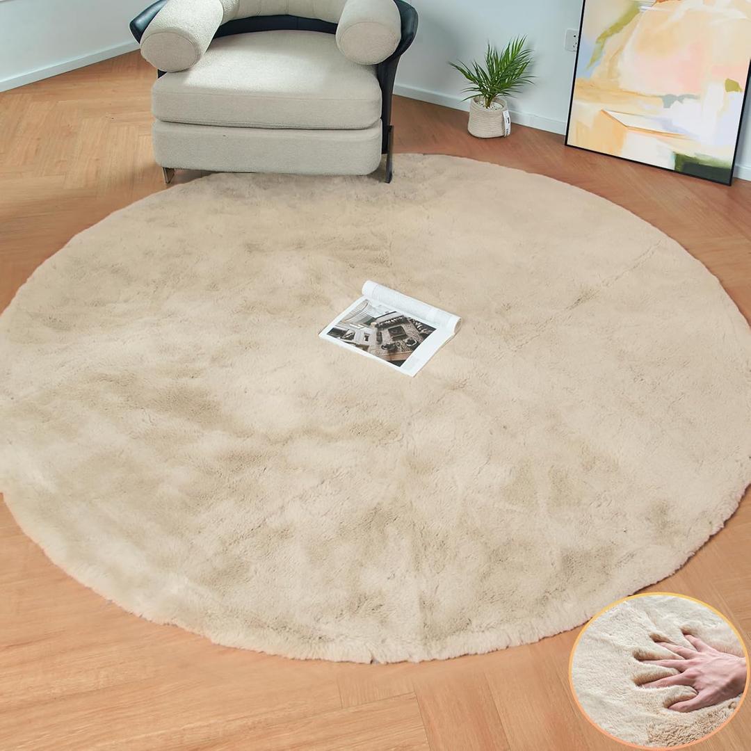 Light Brown Beige Washable Shaggy Round Rug 5ft Faux Rabbit Fur Rugs for Living Room Circle Nursery Rug for Bedroom Girl Room Dcor