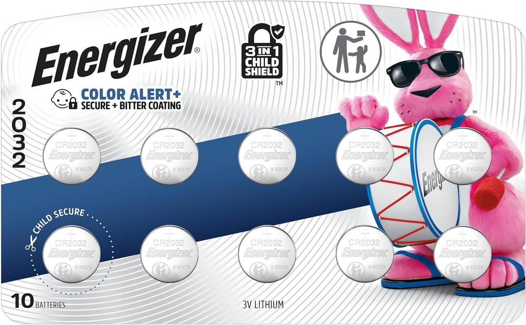 Energizer 2032 Batteries (10 Pack), 3V Lithium Coin Batteries with 3-in-1 Child Shield