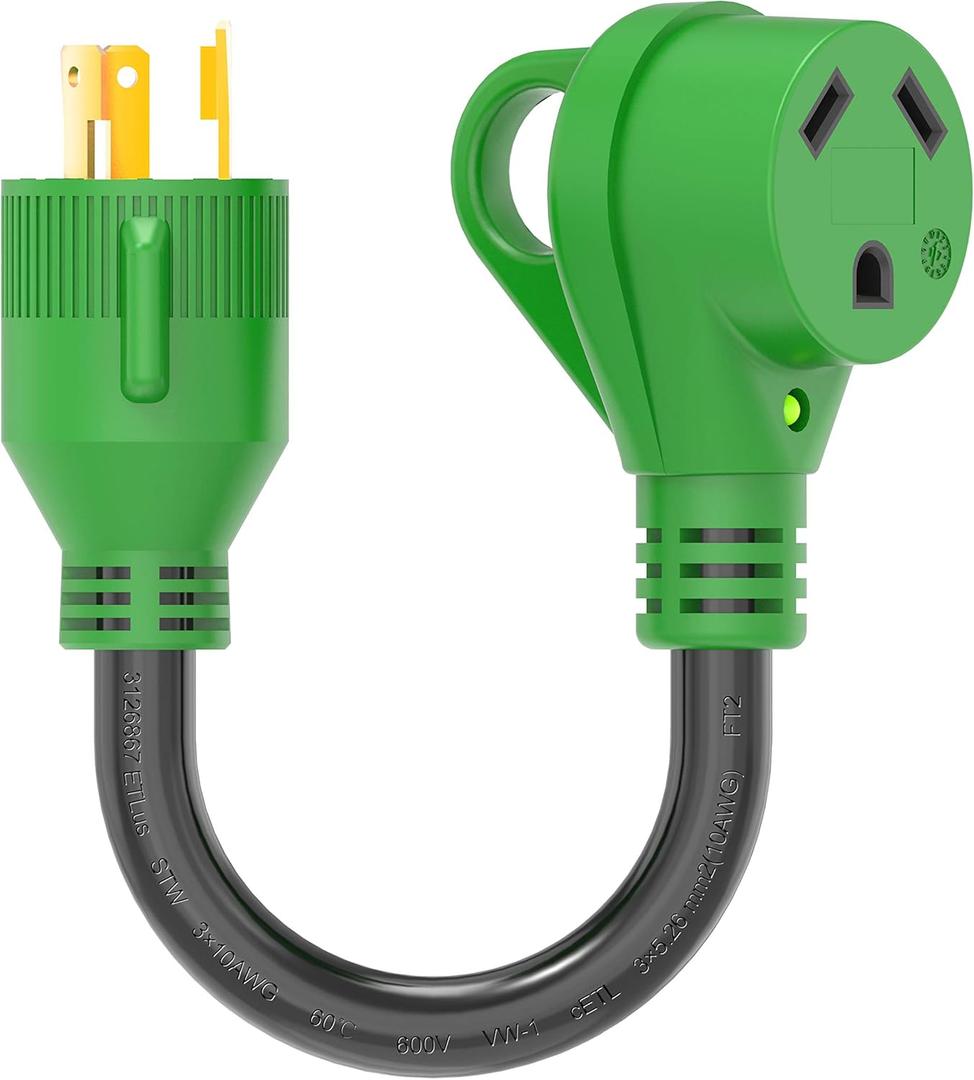 RVGUARD 3 Prong 30 Amp to 30 Amp RV Generator Adapter Cord 12 Inch STW 10/3, L5-30P Locking Male Plug to TT-30R Female with LED Power Indicator, Green