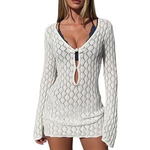 MakeMeChic Women's Crochet Beach Cover Ups Bathing Suit Swimsuit Coverup Mini Dress S