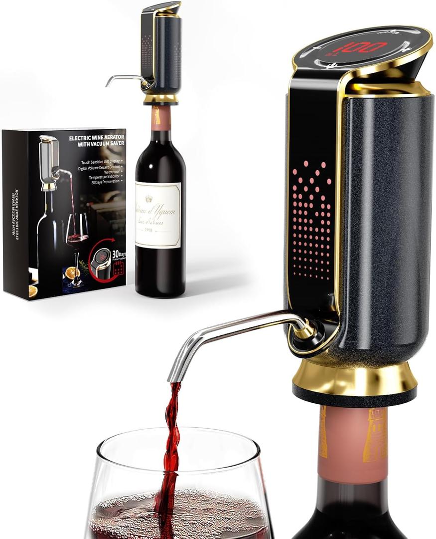 Luxurious 3-in-1 Electric Wine Aerator, Dispenser & Vacuum Pump - Wine Preservation System - Gifts for Women Wife Men Husband(Black/Gold)