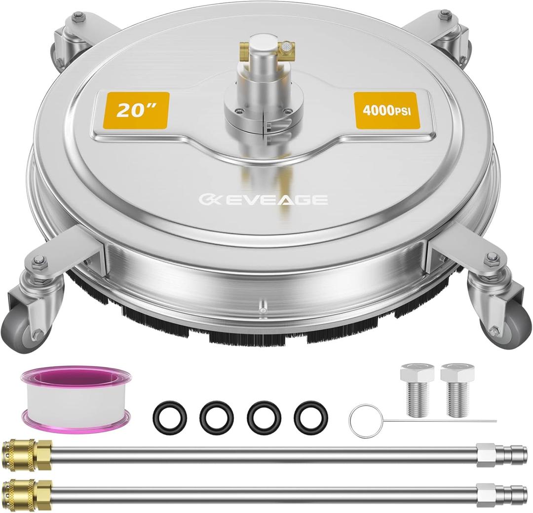EVEAGE 20" Pressure Washer Surface Cleaner, Power Washer Surface Cleaner with 4 Wheels, Stainless Steel Housing Power Washer Accessories with 2 Extension Wand, 2 Replacement Nozzles, 4000 PSI