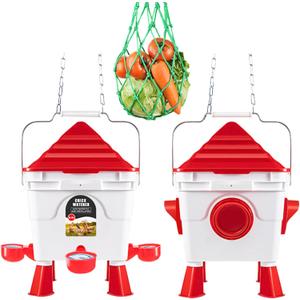 Chicken Feeder and Waterer Set, 13 Pounds Chicken Feeders No Waste Bucket and 2 Gallons Chicken Waterer Chicken Vegetable Hanging Feeder (Red)