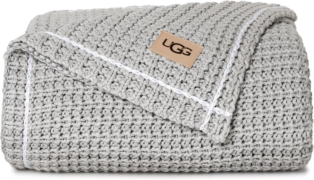 UGG Luna Knit Throw Blanket Soft Cotton Throw for Couch or Bed Cozy Soft Warm Waffle Giftable Lightweight Blanket for Living Room Bedroom, Machine Washable, 50-inch x 70-inch, Stone Grey
