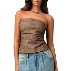 MakeMeChic Women's PU Leather Top Strapless Ruched Bandeau Sleeveless Party Tube Tops (Large, Brown)