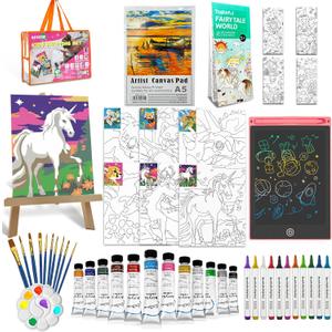 48 PCS Paint Kits for Kids with Writing Tablet, 12 Acrylic Paints, 12 Markers, 10 Brushes, 6 Canvas Panels, 3 Coloring Books Wood Easel, Paper Pad for Beginner Toddlers 48 PCS Paint Kits for Kids with Writing Tablet, 12 Acrylic Paints, 12 Markers, 10 Brushes, 6 Canvas Panels, 3 Coloring Books Wood Easel, Paper Pad for Beginner Toddlers
