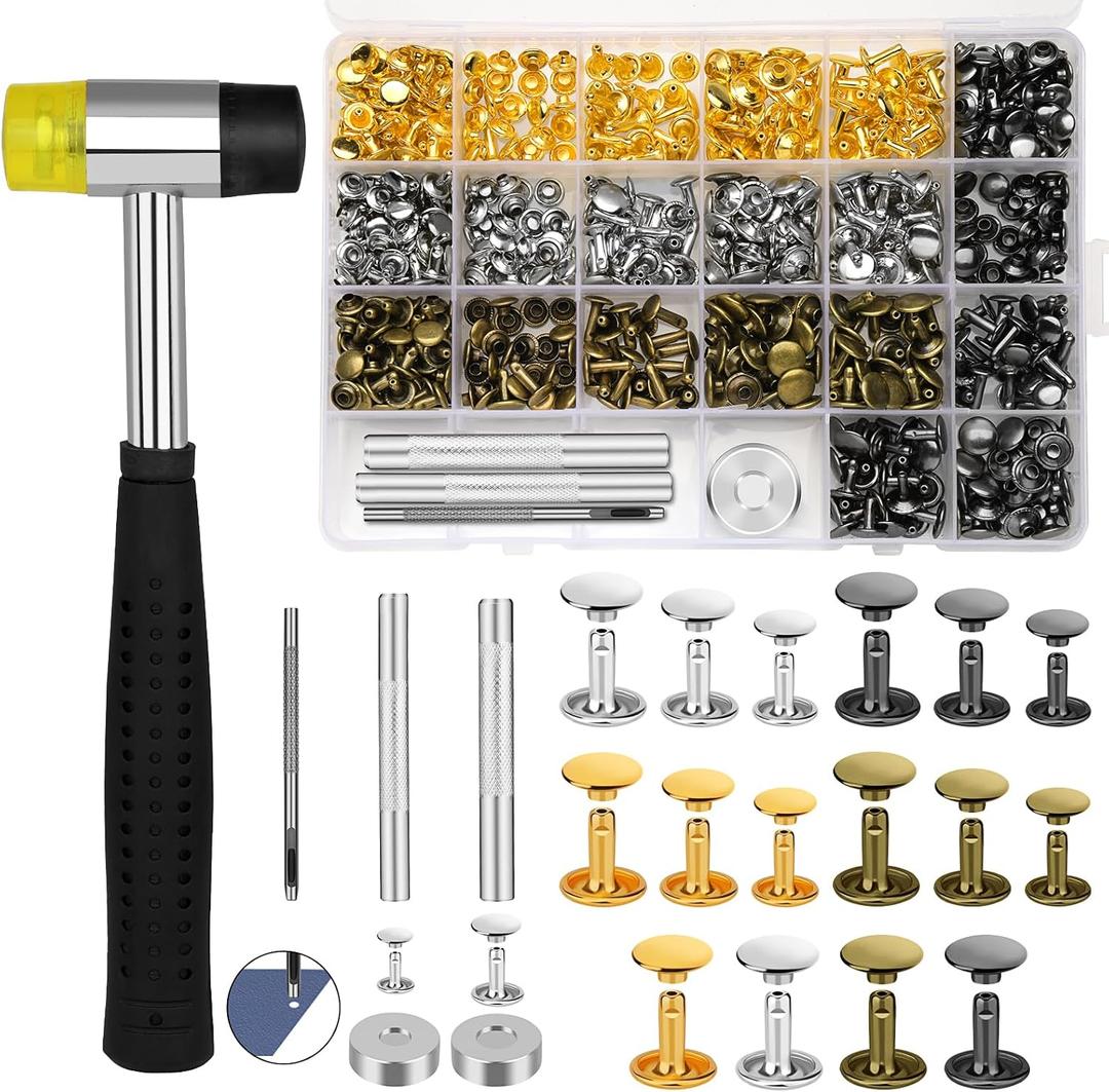 TLKKUE 240 Sets Rivets for Leather 3 Sizes Double Cap Rivets Tubular 4 Colors Leather Rivets with Rubber Hammer Fixing Tool Kit 4 Pieces for DIY Leather Craft Clothes Shoes Decoration and Repair