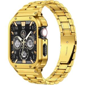 MioHHR Stainless Steel Watch Band with Case Compatible with Apple Watch Series 9/8/7(45mm),Rugged Strap with Metal Protective Bumper Cover for iWatch Band Men(Gold)