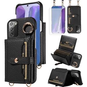 Furiet Wallet Case for Samsung Galaxy Note 20 5G & Tempered Glass Screen Shoulder Strap Ring Buckle Flip Organ Purse, Card Holder Stand Phone Cover for Note20 Notes 20s Twenty Not S20 Women Men Black