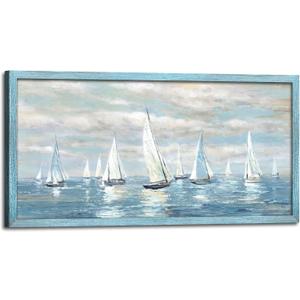 Ocean Wall Art Bathroom Framed: Abstract Seascape Wooden Picture Decor Sailboat Nautical Print Artwork Blue Sea Sailing Painting for Bedroom Living Room Home (24"L x 12"W)