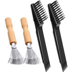 Boao 4 Pcs Hair Brush Cleaning Tool Set Mini Hair Cleaning Brush Tool Wooden Handle Mini Rakes for Removing Dust Home Salon Use(Black)