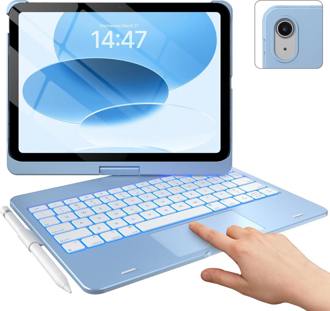 typecase Touch iPad 11th 10th Generation Case with Keyboard (11" 2025, A16 & 10.9" 2022)  360 Rotatable, 11-Color Backlit, Multi-Touch Trackpad, Pencil Holder, Thin & Light  Sky Blue