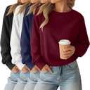 4 Pack Womens Long Sleeve Cropped Sweatshirts Crew Neck Loose Fit Pullover Thermal Tops (X-Small, Black, White, Navy Blue, Wine Red) XS