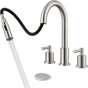 Bathroom Faucet 3 Hole - 8 Inch Widespread Bathroom Faucet with Sprayer, Brushed Nickel Sink Faucet Bathroom 2 Handles - Pull Down Vanity Faucets with Pop Up Drain and Supply Lines