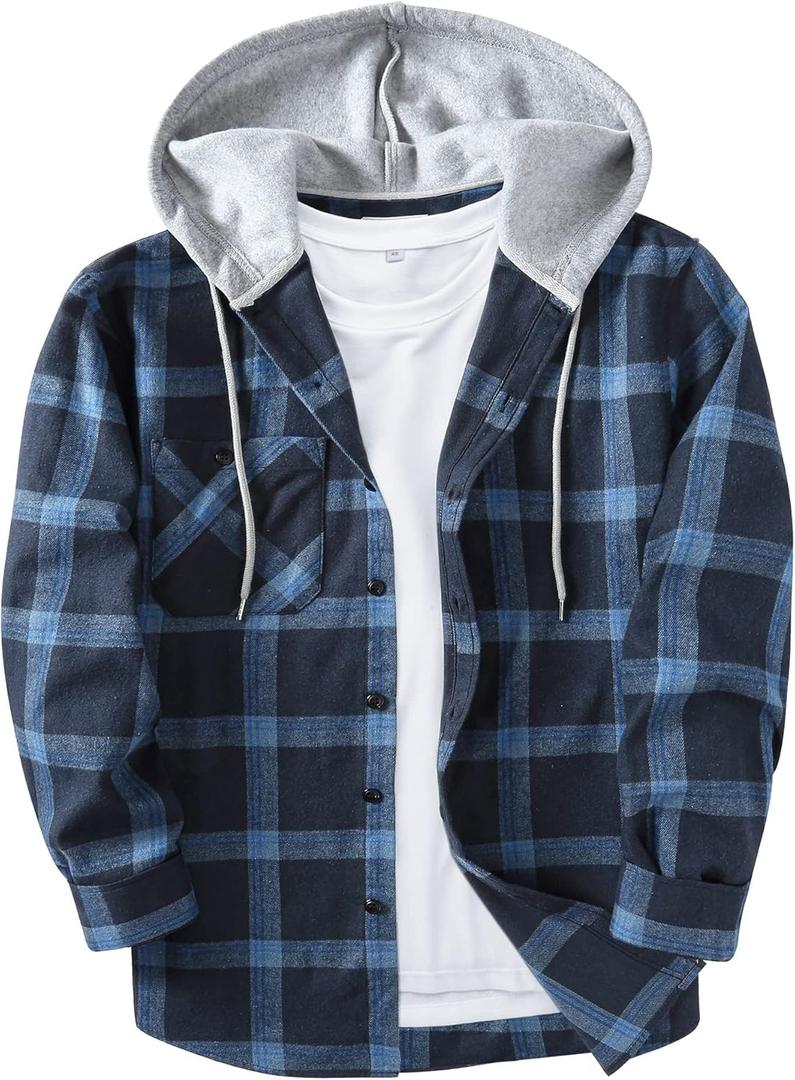 Men's Flannel Shirt Plaid Hoodie Stylish Long Sleeve Fall Casual Button Down Western Shirts with Flat Pocket (XX-Large, Navy)