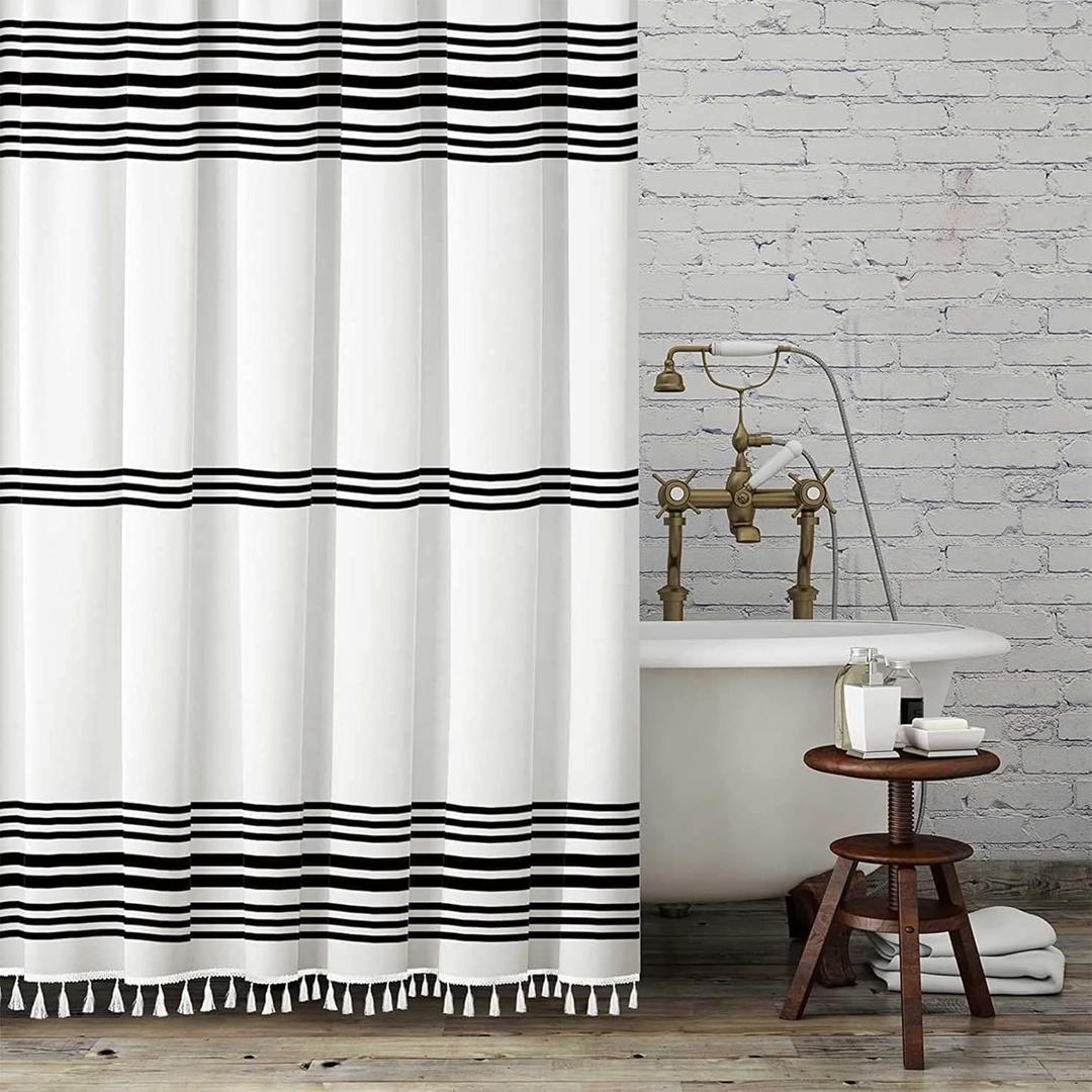 Seasonwood Black and White Shower Curtain with Tassels, Farmhouse Fabric for Bathroom, Heavy Weighted, 72 x 72