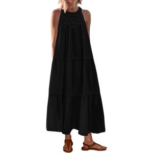 BTFBM Halter Summer Dresses for Women 2026 Casual Spring Hollow Out Sleeveless Boho Sundresses Beach Vacation Maxi Dress Black XXL