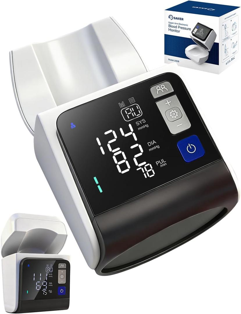 Saker Blood Pressure Monitor Upper Arm, Automatic BP Monitor for Home Use, No-Wrap Auto-Fit Design, Fits 8.5"15.7", Large Display, 4 Users with 199 Readings Each, One-Touch (U90B)