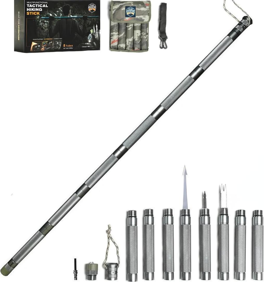 Hiking Tactical Stick Walking Staff - Outdoor Multitool Gear Trekking Pole Collapsible Retractable Premium 14 in 1 | 8 Tubes