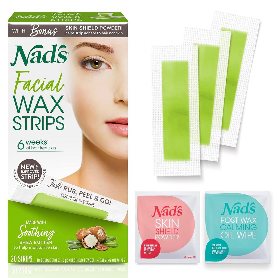 Nad's Facial Wax Strips - Hypoallergenic All Skin Types - Facial Hair Removal For Women - At Home Waxing Kit with 20 Face Wax Strips + 4 Calming Oil Wipes + Skin Protection Powder (25 Count (Pack of 1))