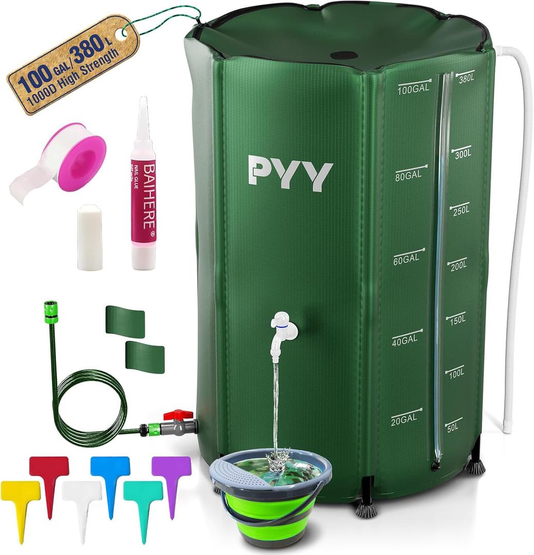 PYY Rain Water Collection Barrel - 100 Gallon Green Large Water Storage Tank with Spigots, Portable Rain Catcher to Collect Rainwater from Gutter, Plastic Rain Catchment System with Collapsible Bucket