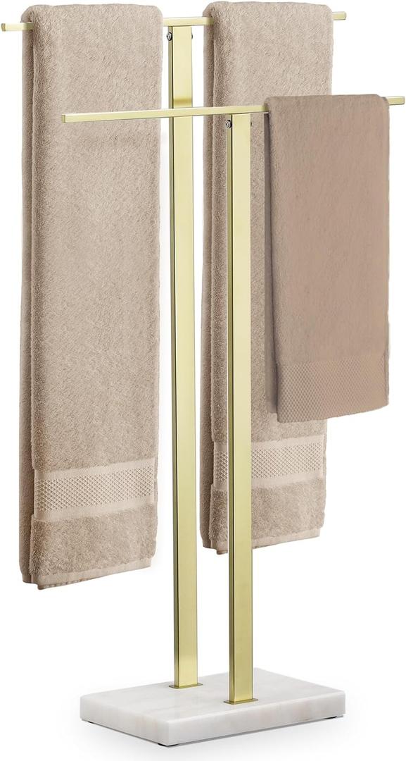 KES Standing Towel Rack with Marble Base, 2-Tier Towel Stand for Bathroom Floor, Upgrade Steady Design, T-Shaped Towel Drying Rack Gold, SUS304 Stainless Steel, Brushed Gold Finish, BTH217-BZ (33 H (2-tier))