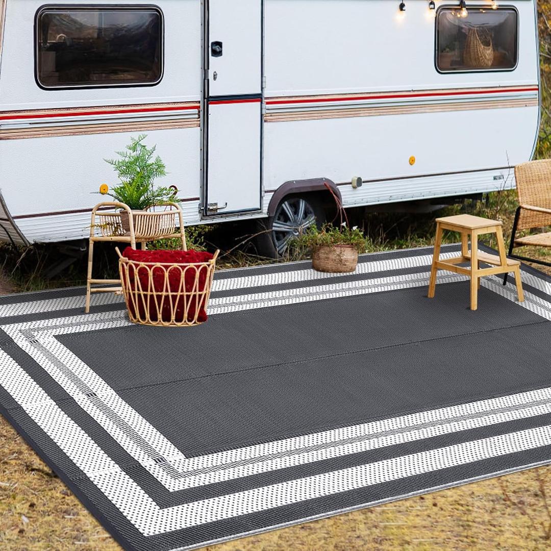 GarveeHome Outdoor Rug 9x18 ft Waterproof Mat Reversible Outdoor Plastic Straw Rug Patio Rug Camping Rug Portable Outdoor Mat for RV Porch Balcony Backyard Picnic Beach Grey/White Panel