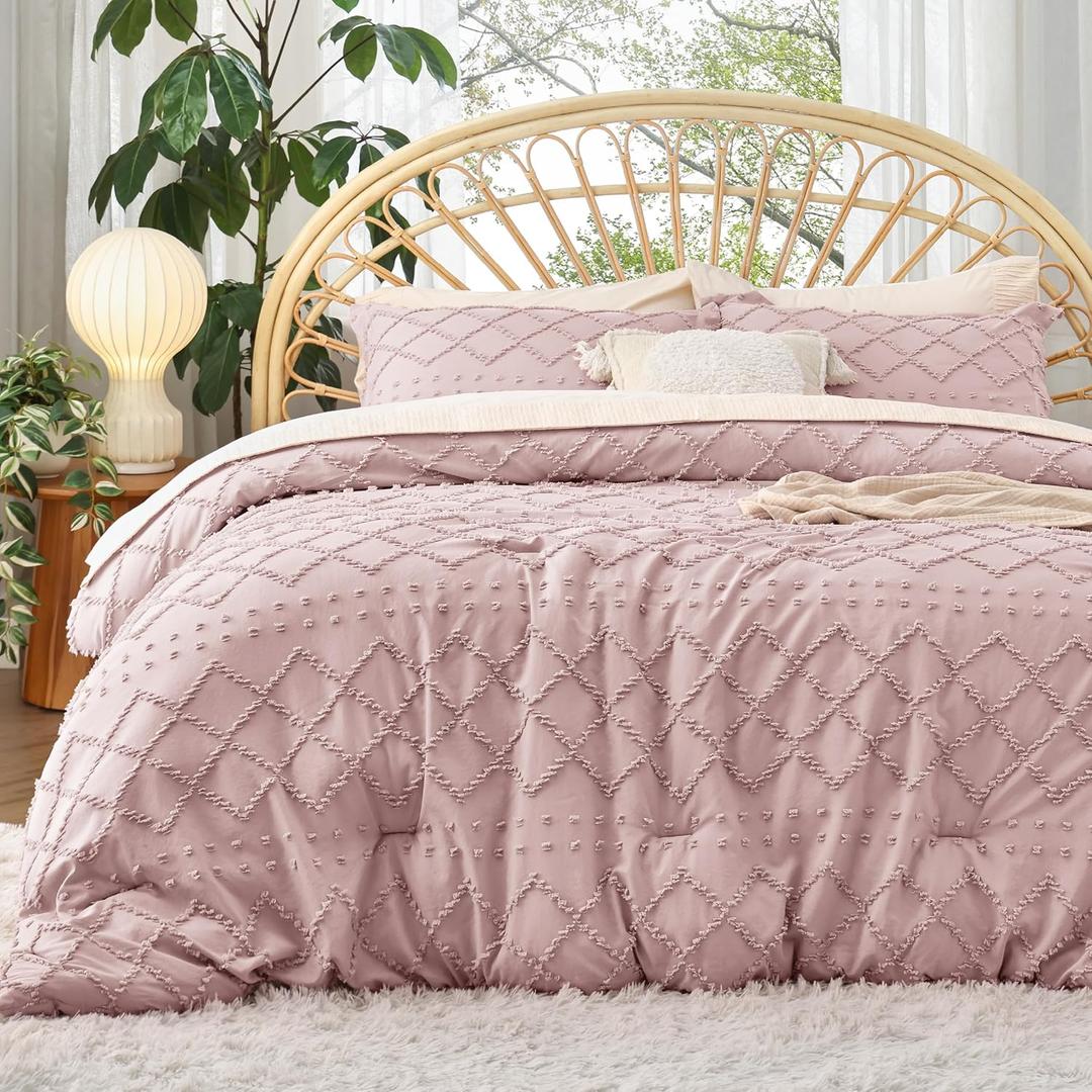 Bedsure Twin Comforter Set - Dusty Rose Comforter, Boho Tufted Distressed Vintage Bedding for Kids, 2 Pieces Farmhouse-Style Bed Set for All Seasons, Fluffy Soft Bedding with 1 Pillow Sham