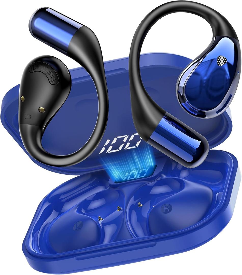 Open-Ear Headphones, Bluetooth 6.0 Wireless Earbuds Powerful Sound, 40H Open Ear Earbuds with ENC Mic, Adjustable Ear Hooks/IP7 Waterproof/Ultra-Comfort Earphones for Workouts/Running, Blue