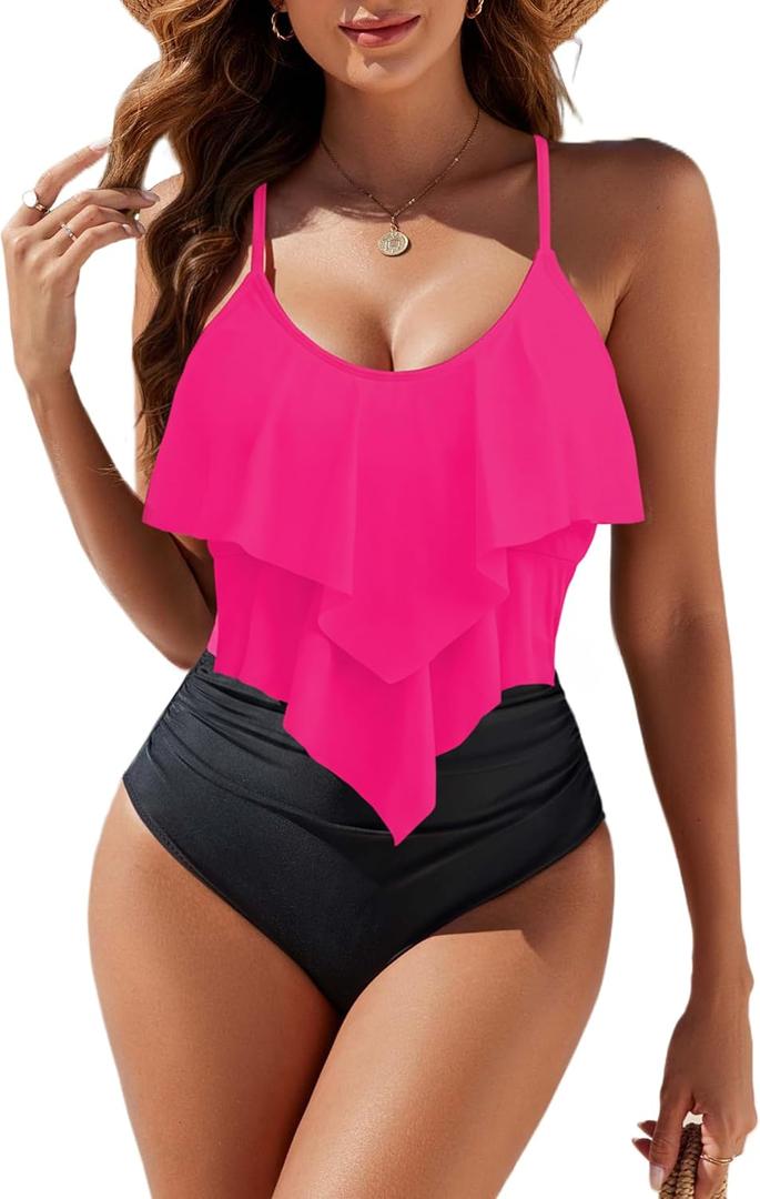 Edelqual Women's One Piece Swimsuits Tummy Control Ruffle Full Coverage Swimming Bathing Suit Slimming Modest Ruched Swimwear High Waisted Tankini (Hot Pink & Black, 2XL)