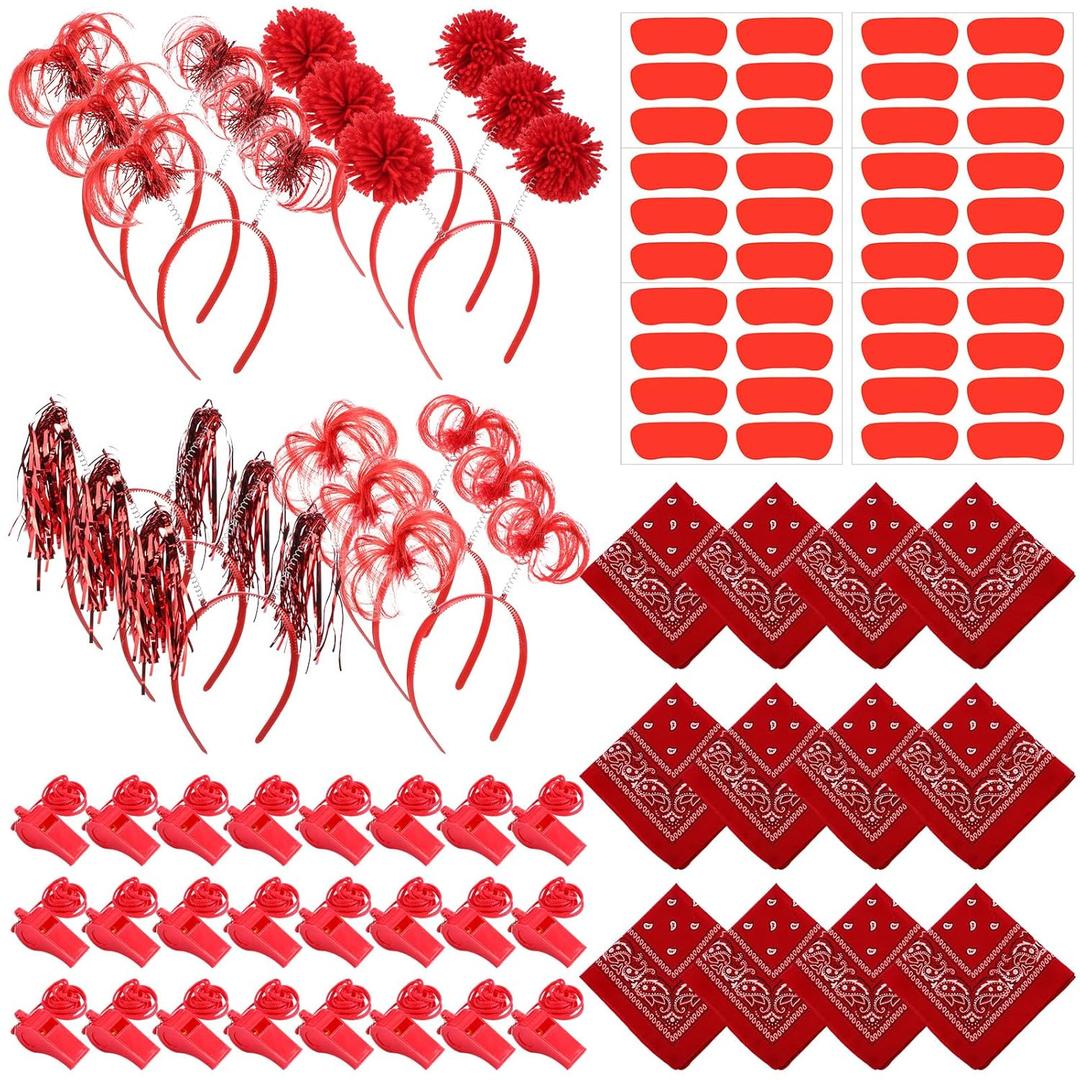 Canlierr 54 Pcs Team Spirit Items Bulk Team Spirit Week Accessories Include Pom Pom Headbands Bandana Whistles Stickers for Sports Events Cheering Essentials(Red) Pack Of 2