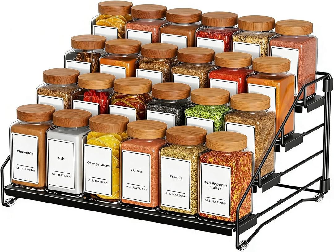 Black Spice Shelf, Tiered Spice Rack Organizer for Cabinet, 4 Tier Countertop Spice Rack, Depth Adjustable Seasoning Organizer for Cabinet