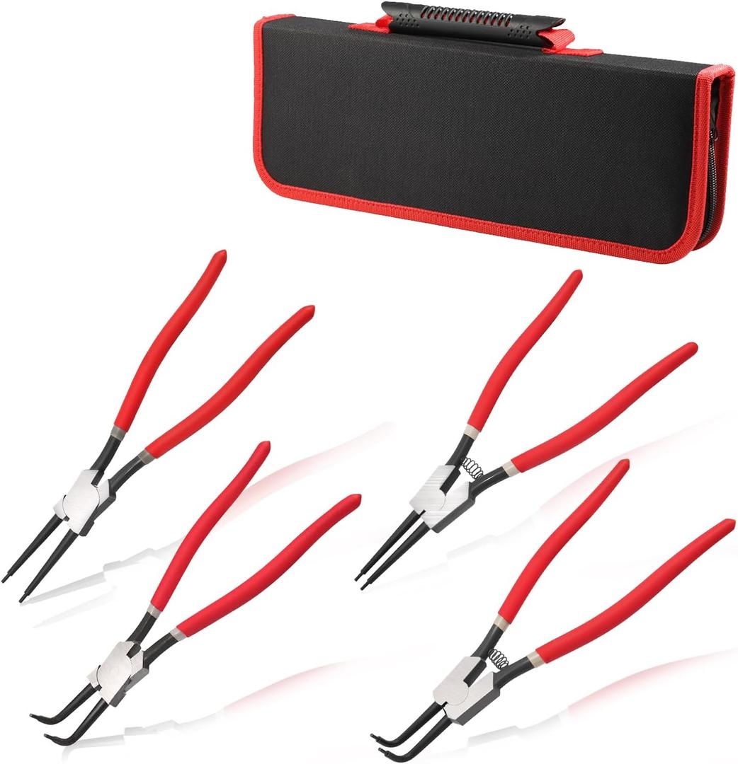 4 PCS Snap Ring Plier 13-Inch Heavy Duty Internal and External Circlip Pliers with Storage Pouch Straight Bent Jaw Tip Diameter 0.12" for Installing Removing Retaining Ring