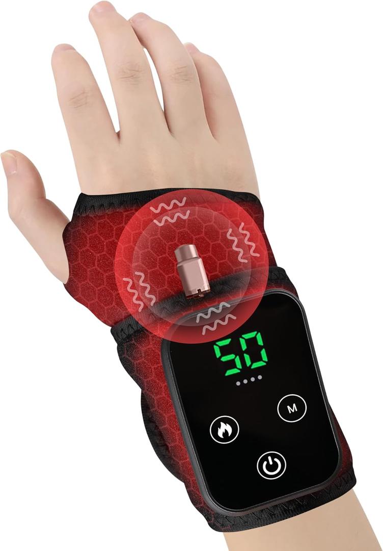 Cordless Wrist Heating Pad for Pain Relief - 5 Heat Levels & Vibration, 3000mAh Rechargeable Battery, 30min Auto-Off, Adjustable Velcro Wrap for Arthritis, Carpal Tunnel, Tendonitis - Left/Right Hand