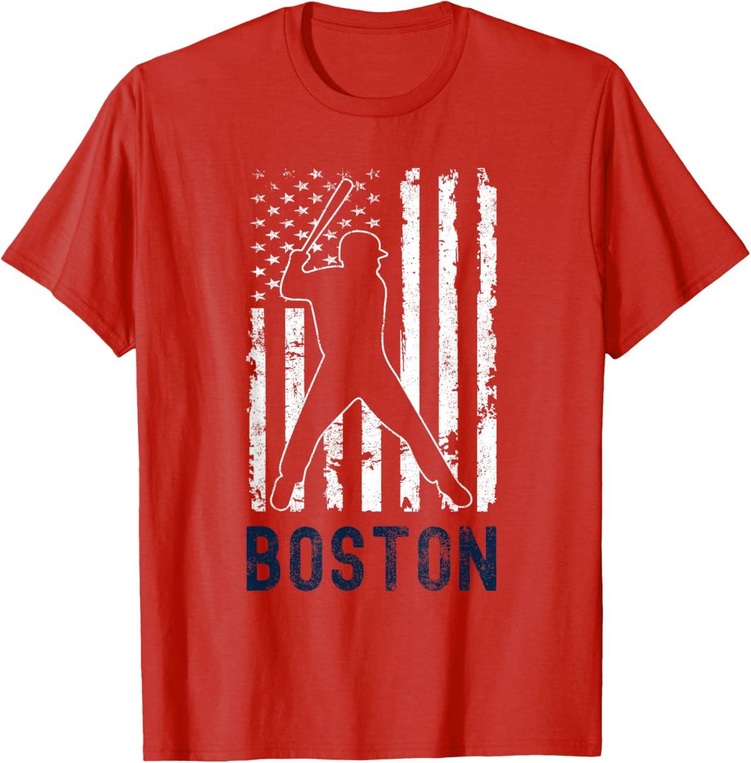 Boston Massachusetts American Flag Baseball Weathered T-Shirt (Small)