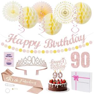 3 x 90th Birthday Decorations Set for Women - Queen Crown, Sash, Card, Cake Topper & Candles, Rose Gold Happy Banner with Paper Honeycomb, Poms Fan, Streamers, Gift Kit – 90 & Loved Birthday Party