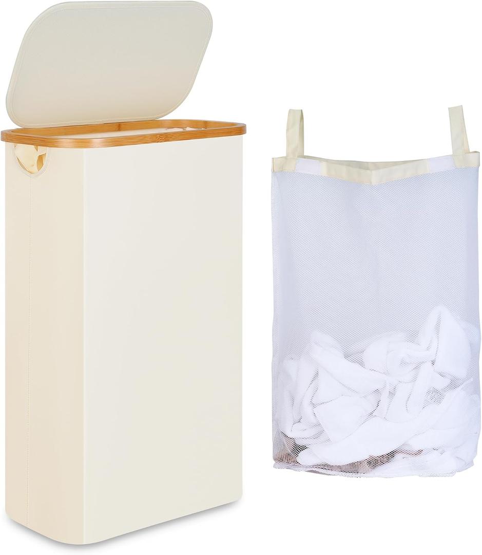 iEGrow 65L Slim Laundry Hamper, Narrow Laundry Basket with Lid,Foldable Clothes Hamper with Bamboo Handles,Hamper Basket with Removable Inner Bag for Laundry Room Bedroom College Dorm,17.17 Gals Beige