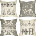 Merry Christmas Hello Winter Gray Decorative Throw Pillow Covers 18x18 Set of 4, Let It Snow Snowflakes White Porch Outdoor Home Decor, Xmas Tree Ornament Believe Holiday Couch Cushion Case