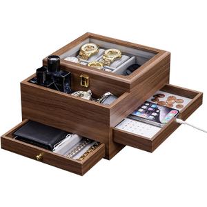 Homde Watch Box for Men Jewelry Organizer with Real Glass Watch Case for Ring, Bracelet, Watch, Necklace, Earrings, and Accessories